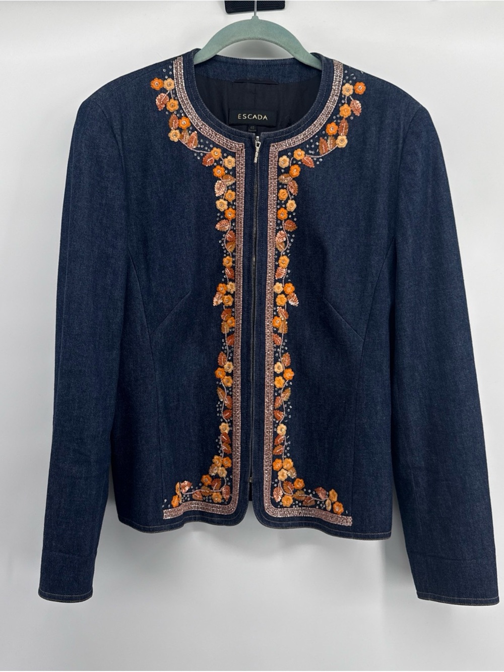 ESCADA Women’s Denim Floral Embroidered/Sequin  Zip Jacket SZ 42